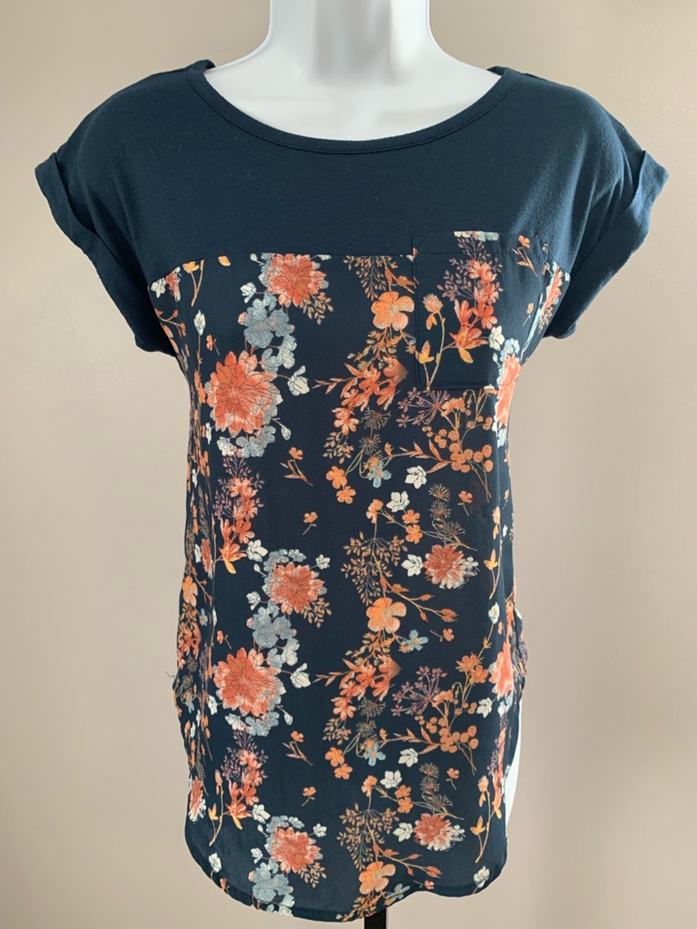 Rewind Navy Floral Short Sleeve Tee with Chest Pocket